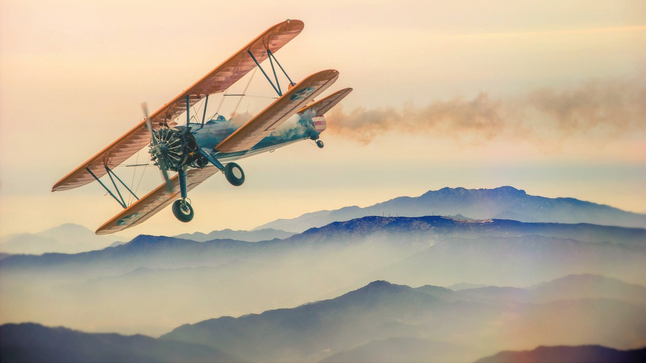 double decker, plane, mountains, fog, nature, heaven, clouds, planes, antique car, flying, propeller, small planes, light aircraft, landscape, summit, top