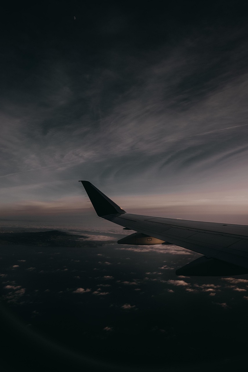 plane, flight, clouds, sky, aircraft wing, nature, airplane, flying, air, travel, aircraft, twilight, dusk, dawn, dark